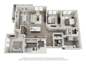 The Zulu 3D floorplan with 3 bedrooms, powder room, 2 baths one with standalone shower. Kitchen with Island open to dining and living area.