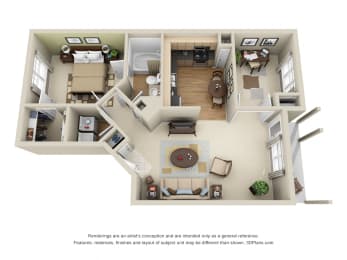 Grayson + Den 3D. 1 bedroom apartment. Den room. Large kitchen. 1 full bathroom. Walk-in closet. Patio/balcony.