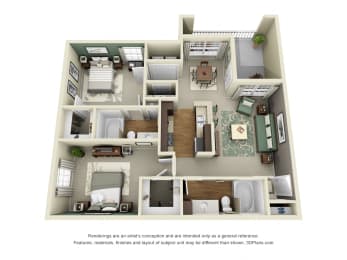 Birmingham 3D. 2 bedroom apartment. Kitchen with bartop open to living/dinning rooms. 2 full bathroom, double vanity in guest. Walk-in closet. Patio/balcony.
