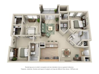 McCrimmon 3D. 3 bedroom apartment. Kitchen with bartop open to living/dinning rooms. 2 full bathroom. Walk-in closets. Patio/balcony.