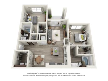 Bailey 3D. 2 bedroom apartment. Kitchen with island open to living/dinning rooms. 2 full bathrooms, double vanity in master. Walk-in closets. Patio/balcony.