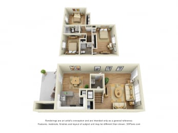 Chadwyck 3D. 3 bedroom townhome. Kitchen with bartop open to living/dinning rooms. 2 full bathrooms + powder room. Patio/balcony.