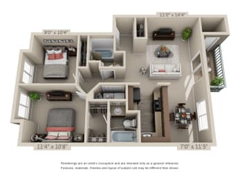 2 Bedroom 2 Bath Floor Plan at Oak Hill Apartments, Portland