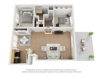 Two Bedroom 2 bath 775 Sq.Ft. 3D Floor Plan Layout at Pacific Trails Luxury Apartment Homes, Covina