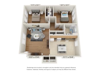 2 Bedroom floor plan at Hawkins Meadow in Amherst, MA, 01002