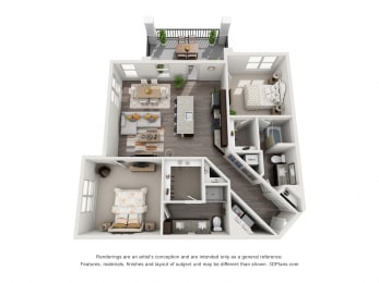 The Valentina 3D. 2 bedroom apartment. Kitchen with island open to living room. 2 full bathrooms, double vanity in master. Walk-in closets. Patio/balcony.