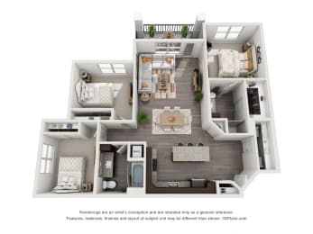 The Pecan Lodge. 3 bedroom apartment. Kitchen with island open to living/dinning rooms. 2 full bathrooms. Walk-in closet in master. Patio/balcony.