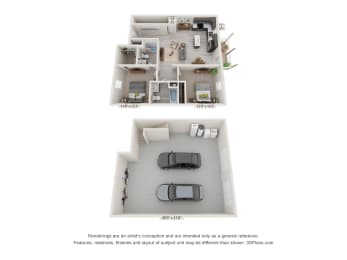  Floor Plan 2 Bedroom, 2BA with Garage