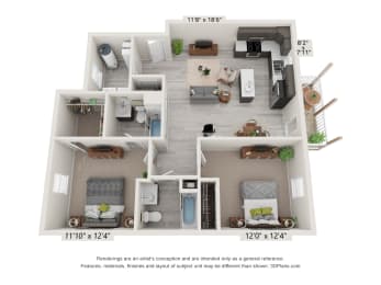  Floor Plan 2 Bedroom, 2BA Second Level