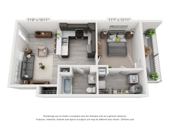 Artists 3D rendering of the 1 bedroom, 1 bathroom main level unit layout.