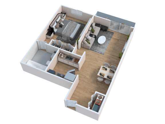 Floor Plan  3D rendering of floor plan for one bedroom corner unit