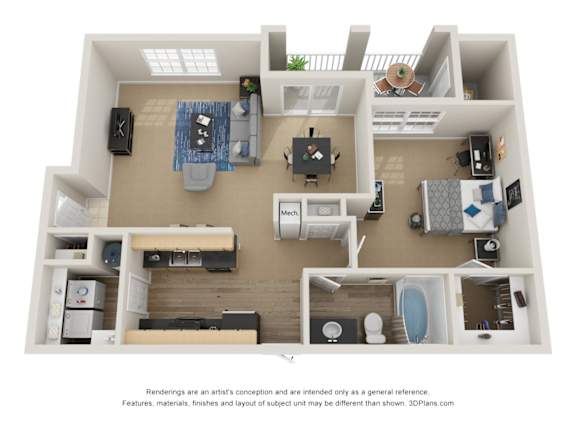 Floor Plan  Preserve at Mobbly Bay, A3 layout, 928 square foot one bedroom, one bathroom