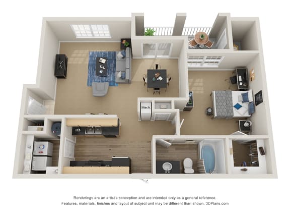 Floor Plan  Preserve at Mobbly Bay, A3 layout, 928 square foot one bedroom, one bathroom