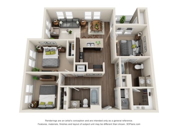 Floor Plan  3 Bed 2 Bath C2 Floor Plan at Rio Lofts, San Antonio, TX, 78204