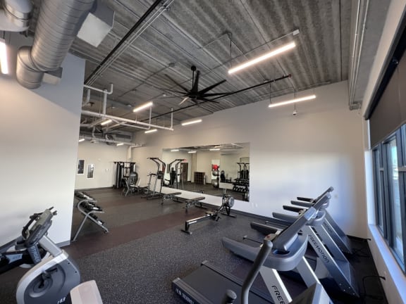 a gym with treadmills and other exercise equipment