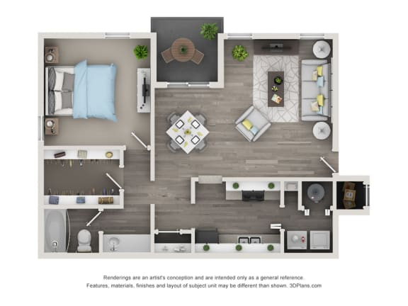 A 3D floor plan of a small apartment with a kitchen, living room, and bathroom. at Edgemont Apartments, PRG Real Estate, Greenville, 29615