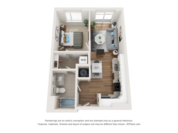 a 3d floor plan of a 1 bedroom apartment at East 51 At Rocketts Landing, Richmond, 23231