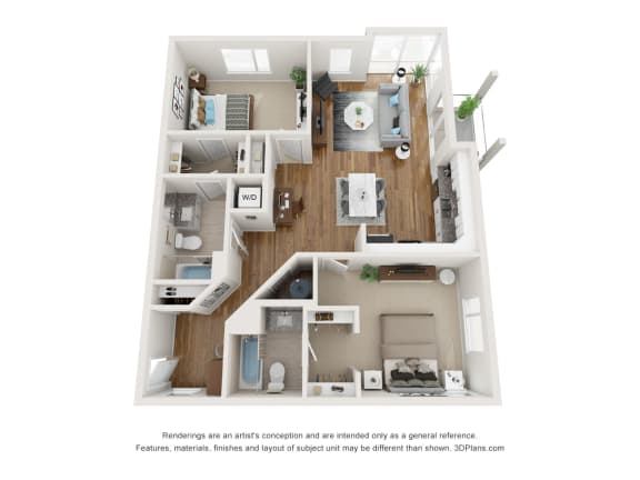 a 3d floor plan of a 1 bedroom apartment at East 51 At Rocketts Landing, Richmond, 23231