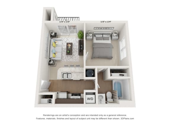 A white 3D floor plan of a small apartment with a kitchen, living room, and bedroom at River Oak Apartments, Louisville, KY, 40206