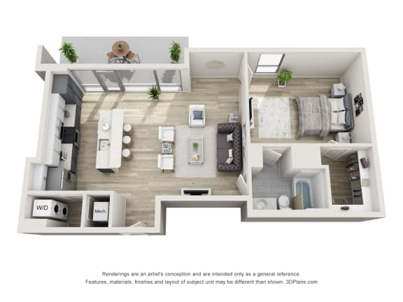 1 Bedroom Penthouse Floor Plan at an Art Museum at The Locks Tower in Richmond, Virginia