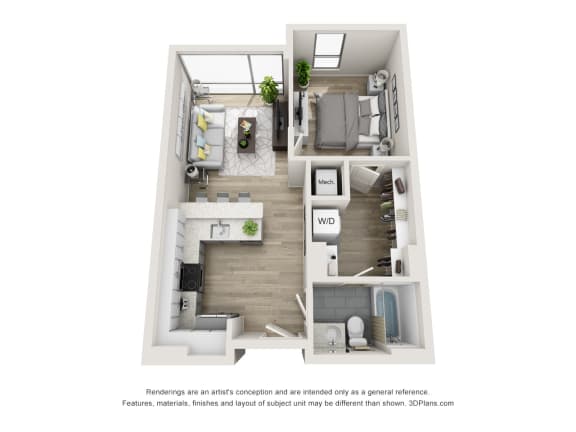 The Belle Floor Plan 1 Bedroom at an Art Museum at The Locks Tower in Richmond, Virginia