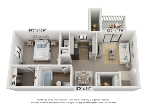 a 3d floor plan of a 1 bedroom apartment