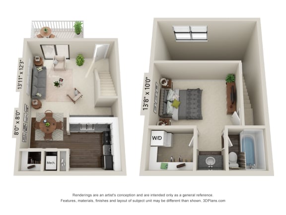 a stylized rendering of a 1 bedroom floor plan and a 2100 sq ft apartment