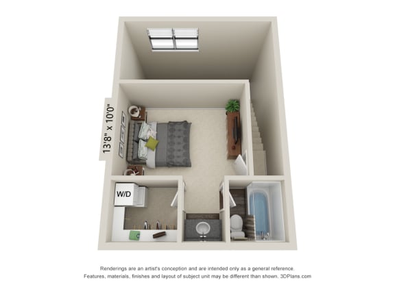 a stylized rendering of a 1 bedroom floor plan with an open