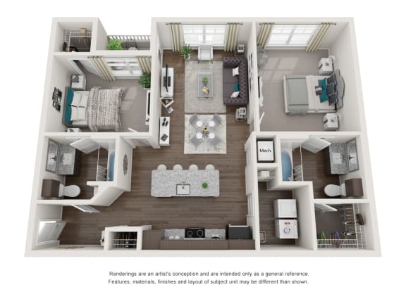 a 3d rendering of a floor plan with a bedroom and living room at Seleno at Bridge Street, Huntsville, Alabama