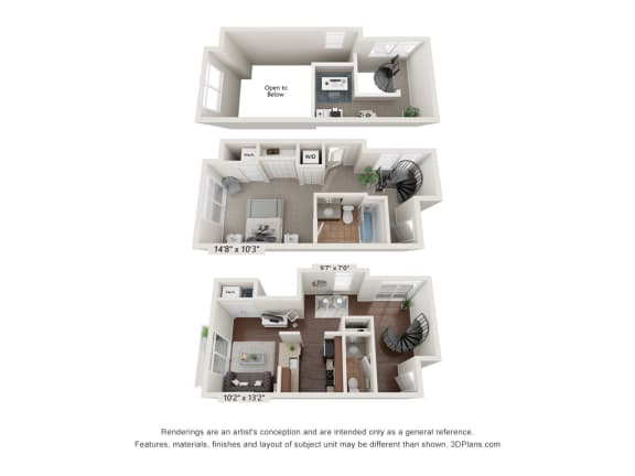 a 3d floor plan of a 3 bedroom apartment