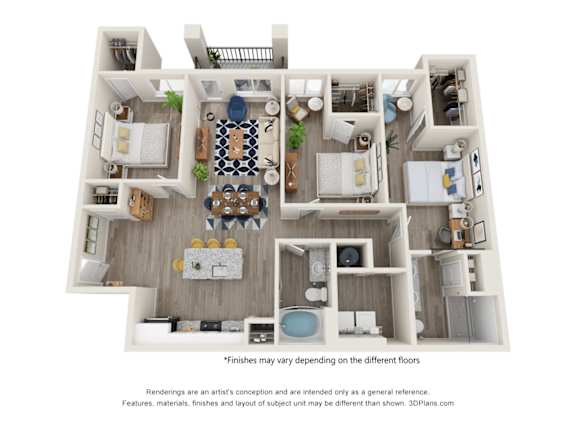 A 3D floor plan of a house with a kitchen, living room, dining room, and bathrooms.
