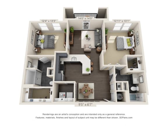 The Burl Ray 3D. 2 bedroom apartment. Kitchen with bartop open to living room. 2 full bathroom, double vanity & shower stall in master. Walk-in closets. Patio.