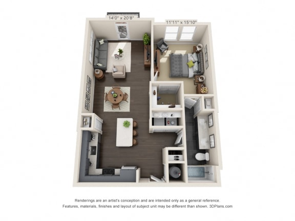 The Kimball 3D. 1 bedroom apartment. Kitchen with island open to living room. 1 full bathroom, double vanity. Walk-in closet. Patio/balcony.