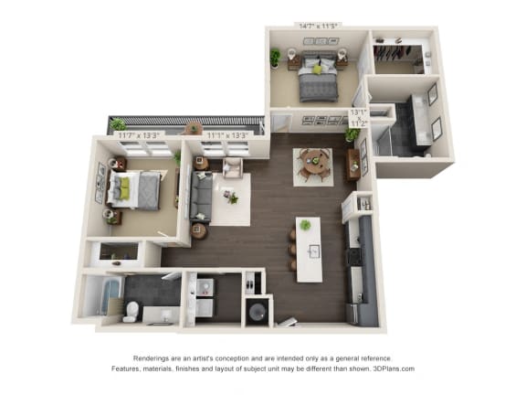 The Magnolia 3D. 2 bedroom apartment. Kitchen with island open to living/dinning room. 2 full bathroom, double vanity & shower stall in master. Walk-in closets. Patio.