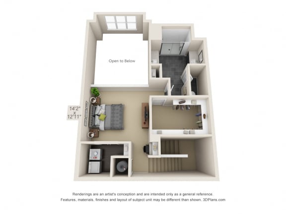The Pleasant Ridge Second Floor 3D. Loft style bedroom, bathroom, open to below.