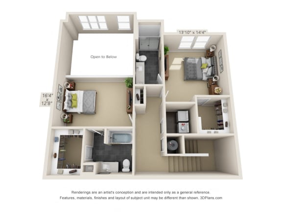 The Walnut Creek Second Floor 3D. Bedrooms (one open to below), 2 bathrooms