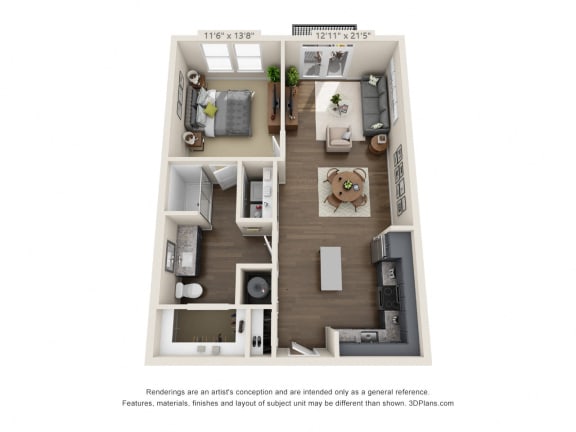 The Warnell 3D. 1 bedroom apartment. Kitchen with island open to living room. 1 full bathroom. Walk-in closet. Patio/balcony.