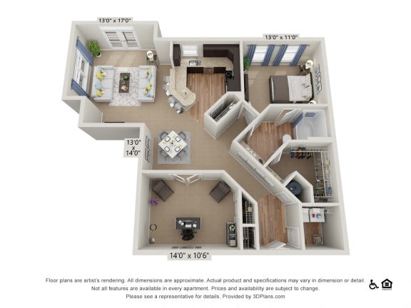 C1 1 Bed 1 Bath Floor Plan