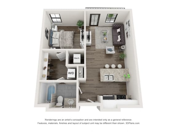 Floor plan of The Lombardy 1 bedroom apartments Richmond, VA   at Circ Apartments, Virginia, 23220