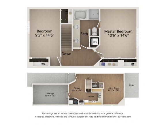 Two Story Townhome floor plan image of levels 1 and 2