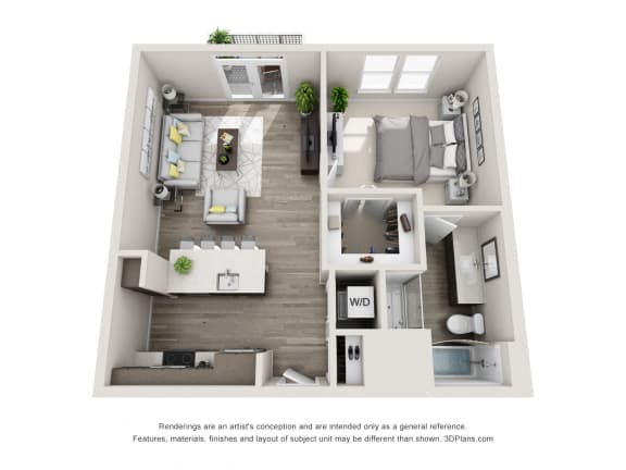 The Bravo 3D Floorplan with 1 Bedroom, 1 Bath, Kitchen with Pantry and peninsula Island and open to the Living Room Area