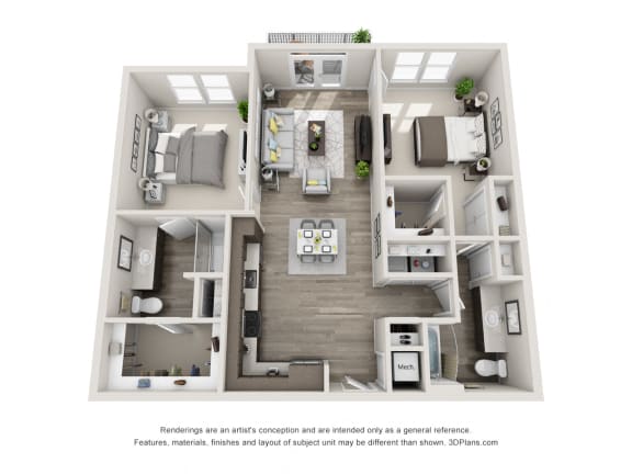 The Oscar 3D floorplan with 2 Bedrooms, 2 Baths one with standalone shower. L shaped Kitchen open to dining and living area.