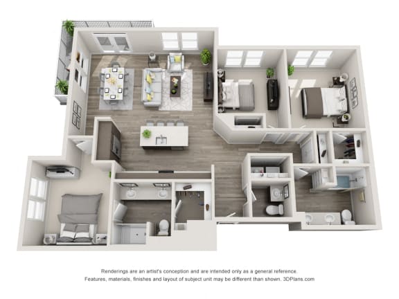 The Zulu 3D floorplan with 3 bedrooms, powder room, 2 baths one with standalone shower. Kitchen with Island open to dining and living area.