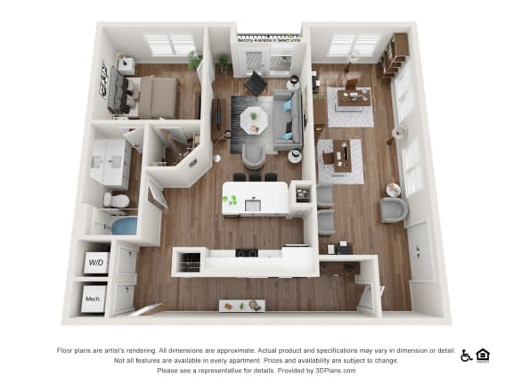 A 3D floor plan of a two-bedroom apartment with a living room, kitchen, and bathroom.