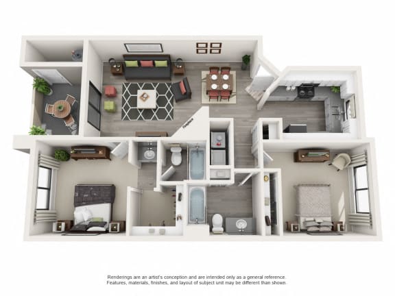 A Upgraded - 2 Bedroom 2 Bath Floor Plan Layout - 1000 Square Feet