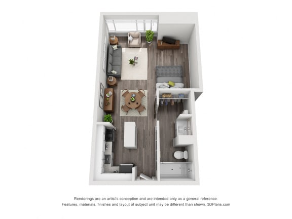 The Belvidere 3D studio apartment floorplan, with l shaped kitchen that leads into the dining-living-flex space. 1 Bath with sliding barn door, standalone shower, linen and closet space.