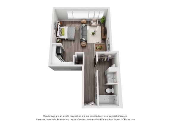 Cary 3D floorplan with kitchen that opens to living and flex space. 1 bath with standalone shower and closet space.