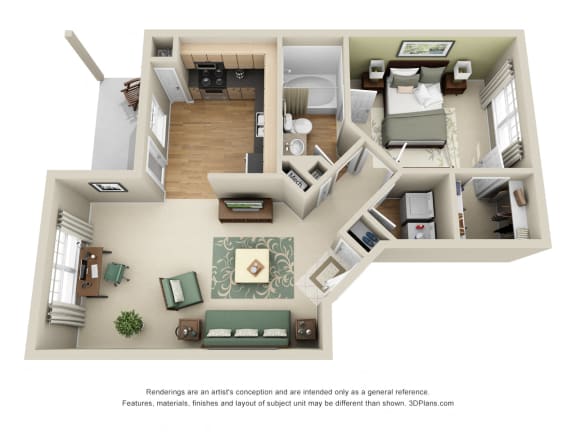 Asheville 3D. 1 bedroom apartment. Large kitchen. 1 full bathroom. Walk-in closet. Patio/balcony.