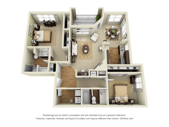 Brighton 3D. 2 bedroom apartment. Kitchen with bartop open to living/dinning rooms. 2 full bathroom, shower stall &amp; double vanity in master. Two closets in master. Patio/balcony. Optional fireplace.