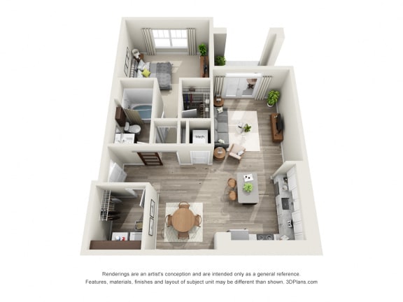 Allen 3D. 1 bedroom apartment. Kitchen with island open to living/dinning rooms. 1 full bathroom. Walk-in closet. Patio/balcony.